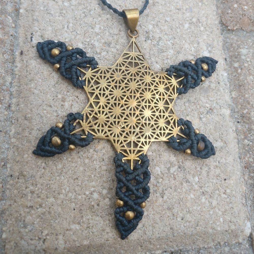Macrame sacred geometry brass necklace
